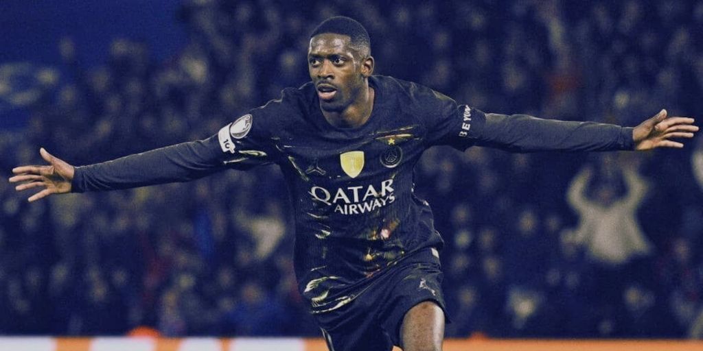 Ousmane Dembele celebrating his goal versus Chelsea in the UCL