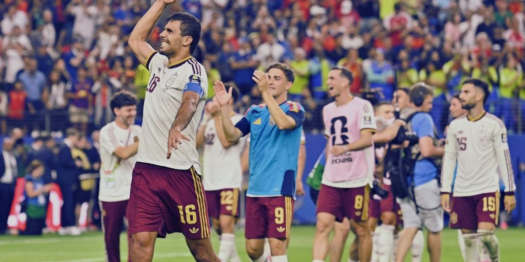 Rodri celebrating with other players of the Spanish National Team after their victory over France in the 2026 World Cup Semifinal game