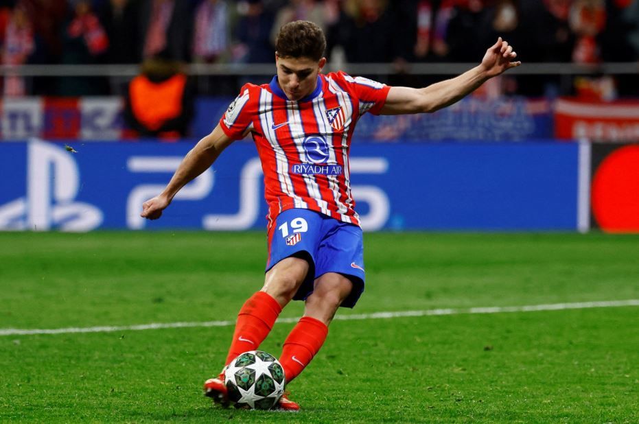 Julian Alvarez striking the ball against Real Madrid. The goal was eventually disallowed