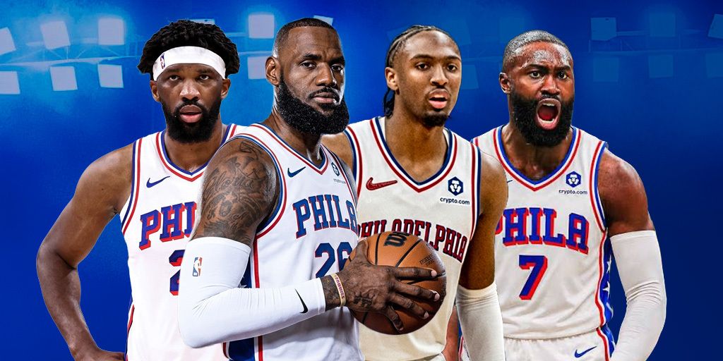 Joel Embiid, LeBron James, Tyrese Maxey and Jaylen Brown on a 76ers Graphic