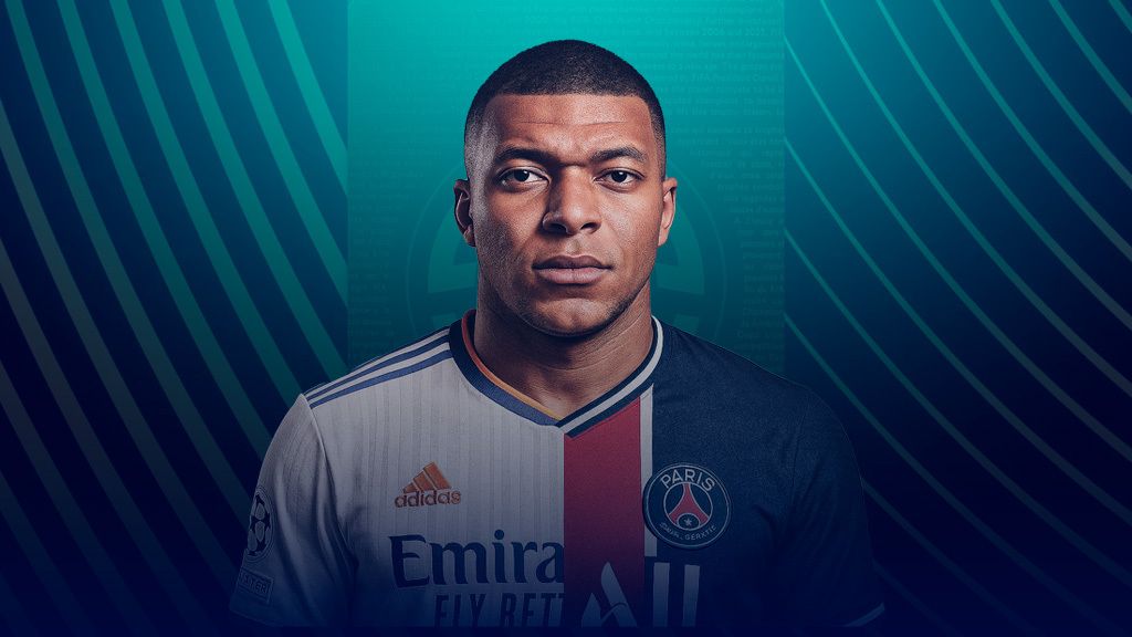 Kylian Mbappe in a half-Madrid, half-PSG jersey