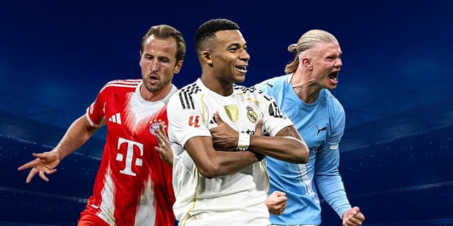 Harry Kane wearing a Bayern Munich jersey, Kylian Mbappe wearing a Real Madrid jersey and Erling Haaland wearing a Manchester City jersey