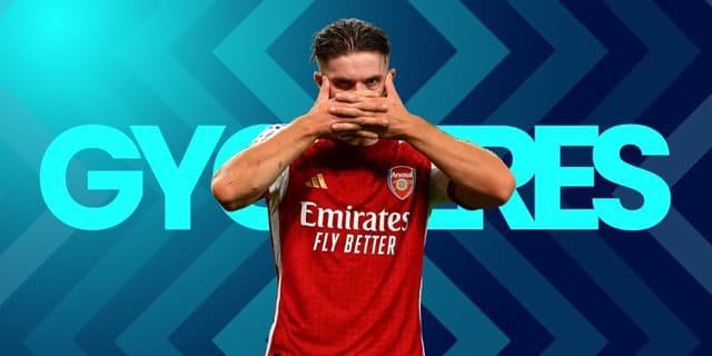 Mockup of Victor Gyokeres doing his iconic celebration in an Arsenal jersey
