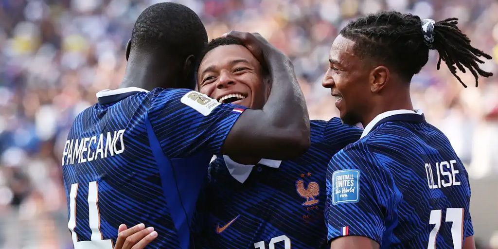 Mbappe, Upamecano and Olise celebrating at the 2026 World Cup