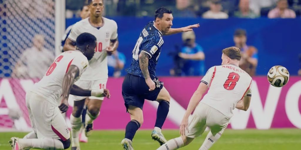 Lionel Messi surrounded by England players in their semifinal game of the 2026 World Cup