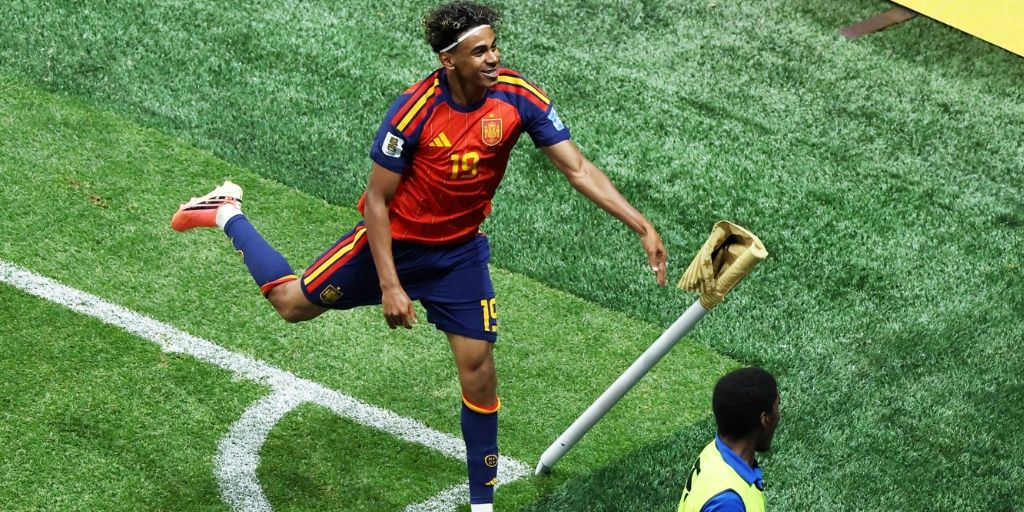 Lamine Yamal celebrates a World Cup goal