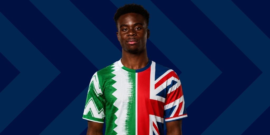Bukayo Saka wearing a half-Nigeria, half-England jersey representing his dual heritage at the 2026 World Cup