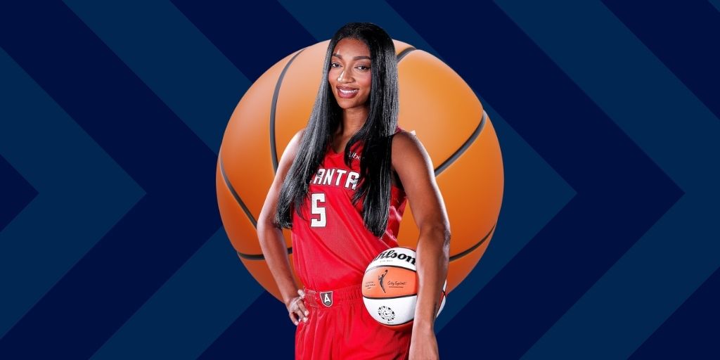 Angel Reese poses in a red basketball jersey while holding a basketball in front of a stylized basketball background.