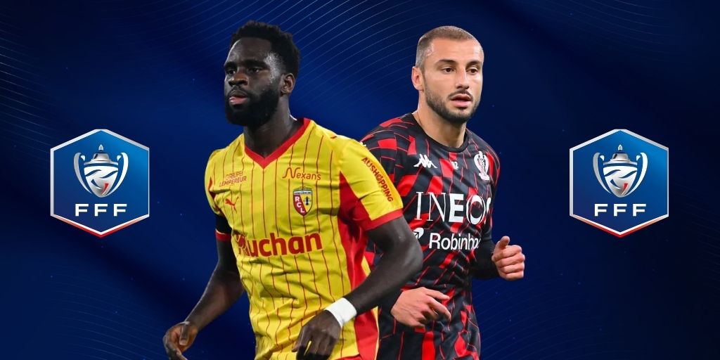 Odsonne Edouard of  RC Lens vs Jonathan Clauss of Nice ahead of the Coupe de France Final.jpg
