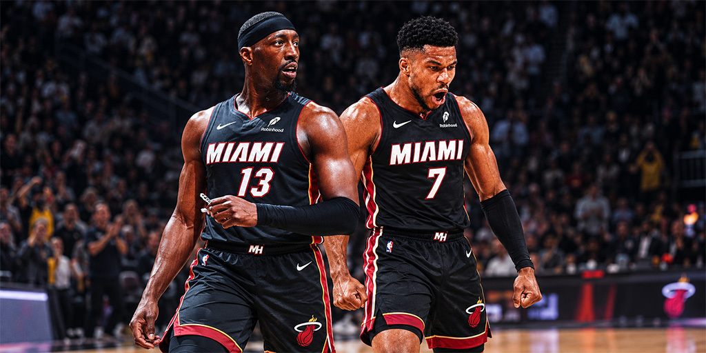 Giannis Antetokoumpo and Bam Adebayo of the Miami Heat