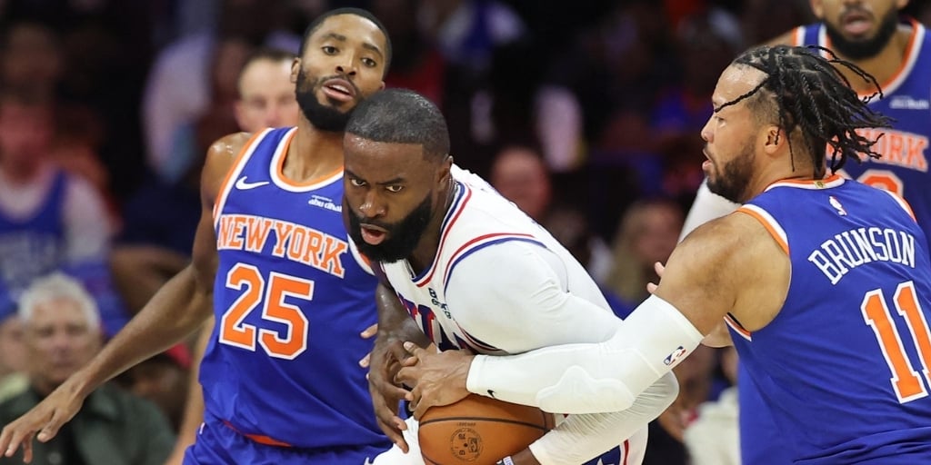 Jaylen Brown of the 76ers vs Jalen Brunson and Mikal Bridges of the New York Knicks