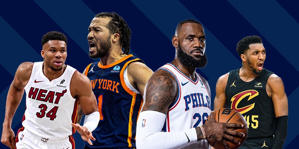 Giannis Antetokoumpo on the Miami Heat; Jalen Brunson on the New Yotk Knicks, leBron James on the 76ers and Donovan Mitchell on the Clevaland Cavailers