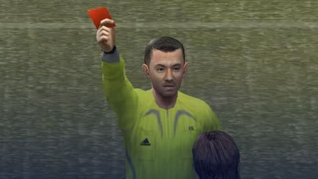 Kazuki Ito issuing a red card to a player with his back to the camera on Winning 11/PES