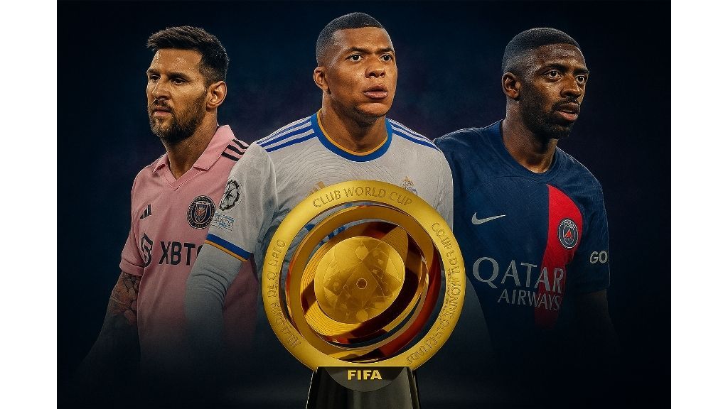 Lionel Messi, Kylian Mbappe and Ousmane Dembele with the Club World Cup Trophy