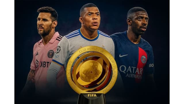 Lionel Messi, Kylian Mbappe and Ousmane Dembele with the Club World Cup Trophy