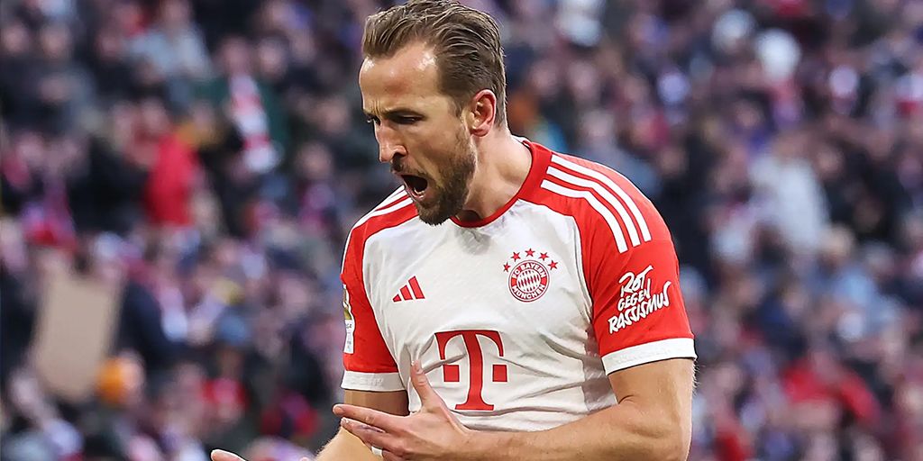 Harry Kane celebrating a goal for Bayern Munich by yelling