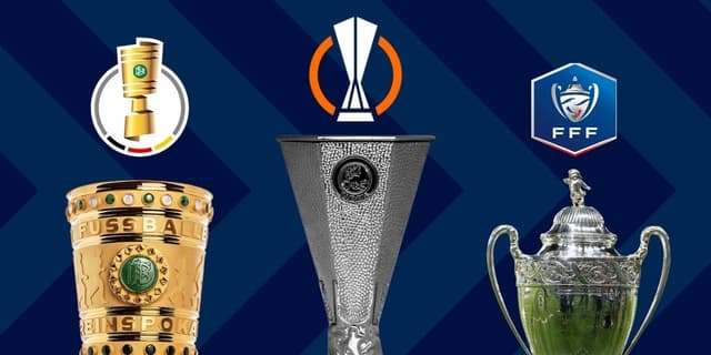 Trophies of the three finals being previewed: Europa League, Coupe de France and SFB Pokal Finals
