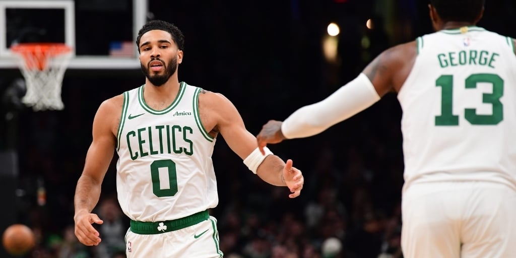 Jayson Tatum and Paul George of the Boston Celtics