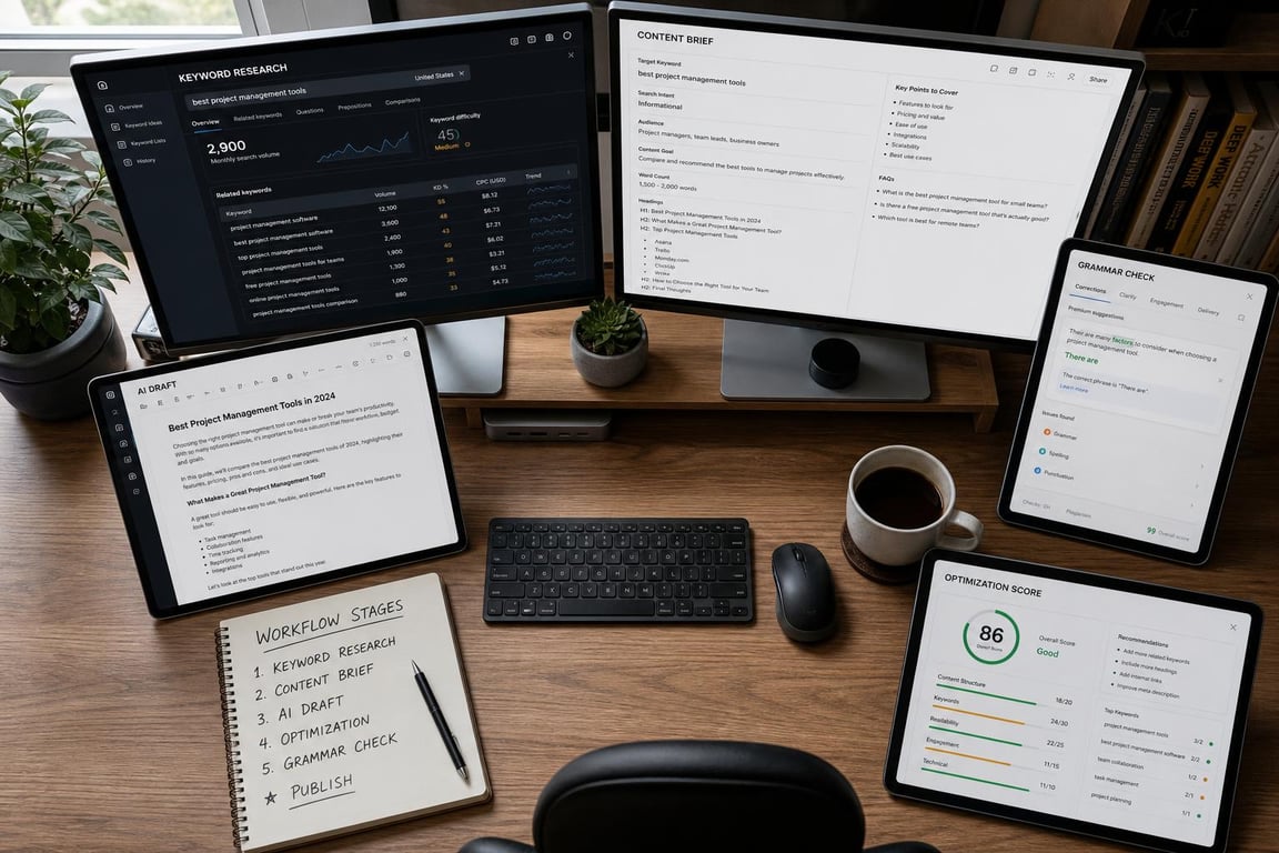Writer's desk with five SEO content writing tool interfaces open across screens covering keyword research, briefing, drafting, optimization, and grammar