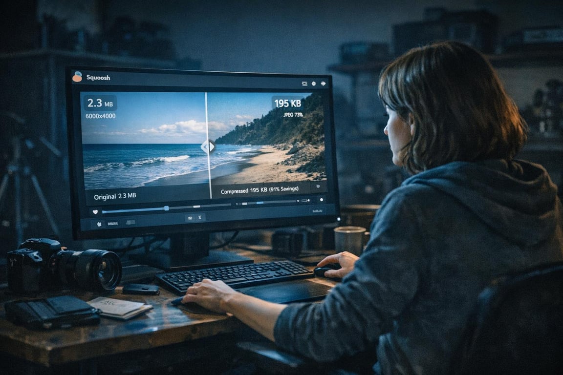 Person using photo compression software on desktop computer comparing original and compressed beach images.