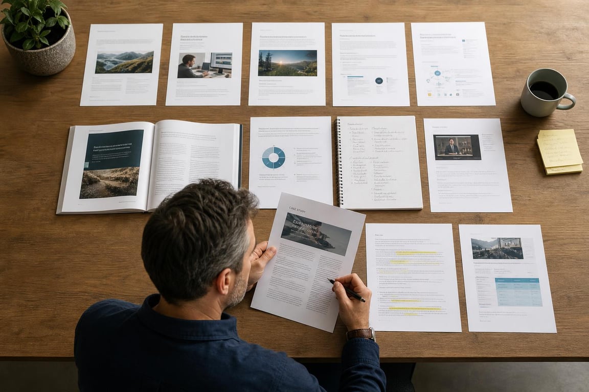 Content strategist reviewing B2B content examples arranged by funnel stage across a wide desk with printed assets