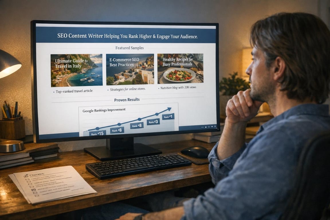 Man reviewing SEO content writing service samples and Google rankings improvement on computer screen at desk.