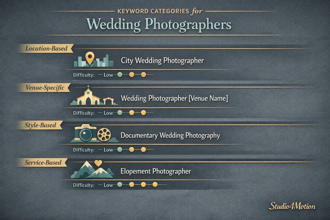 Keyword categories for wedding photographers with difficulty levels: City, Venue, Documentary style, and Elopement photographers.