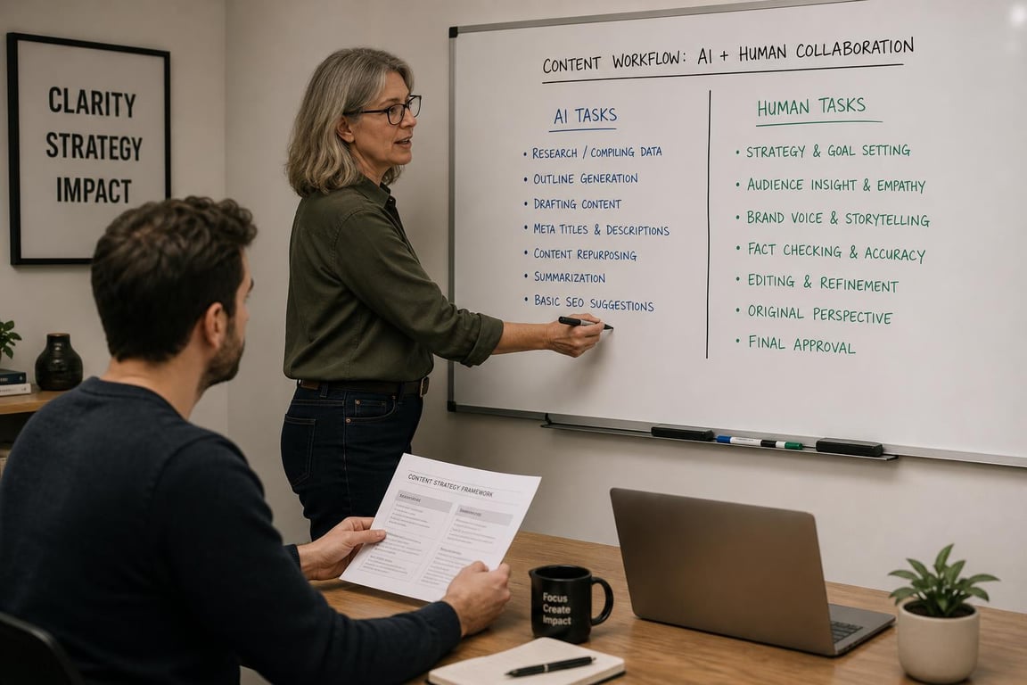 Senior content strategist mapping AI tasks vs human tasks in a content workflow on a whiteboard