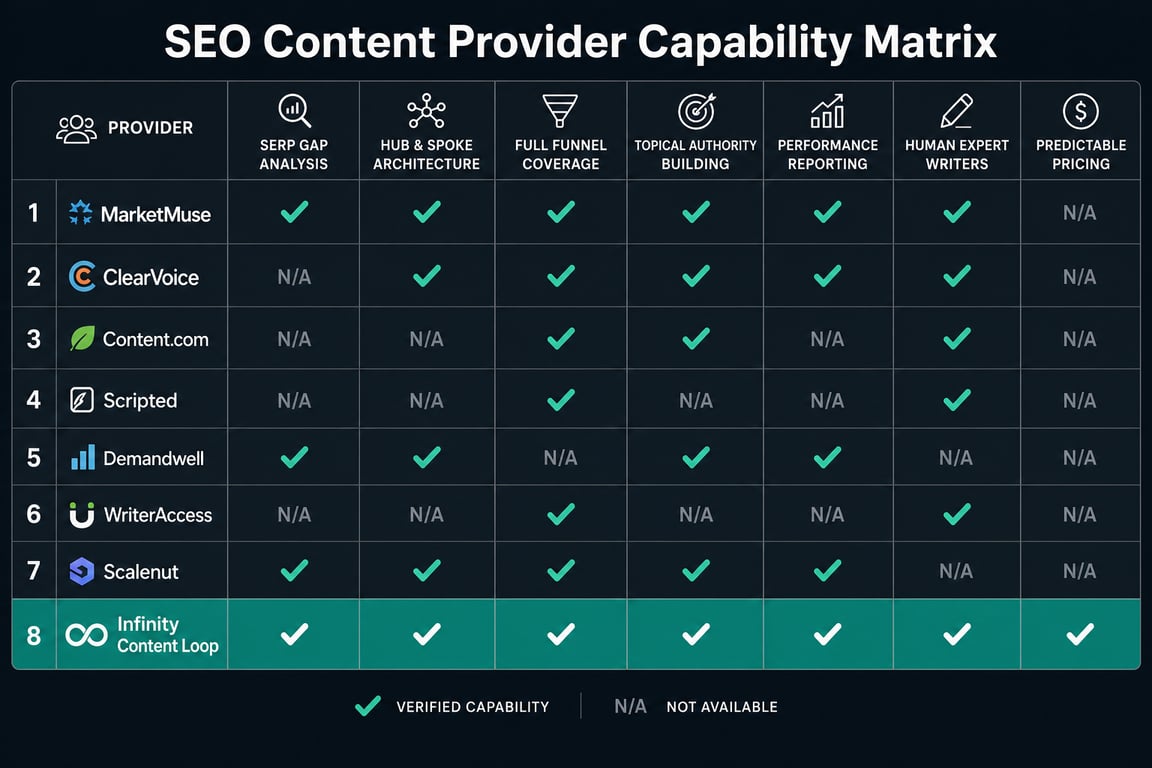 Capability matrix comparing eight SEO content writing providers across strategy, production, and delivery axes including Infinity Content Loop