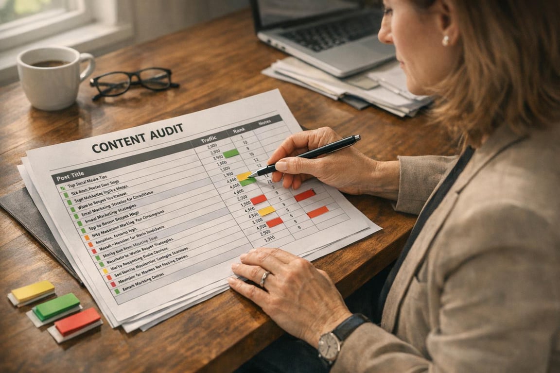 Person analyzing a printed content audit report with traffic, rank, and color-coded notes at a wooden desk.