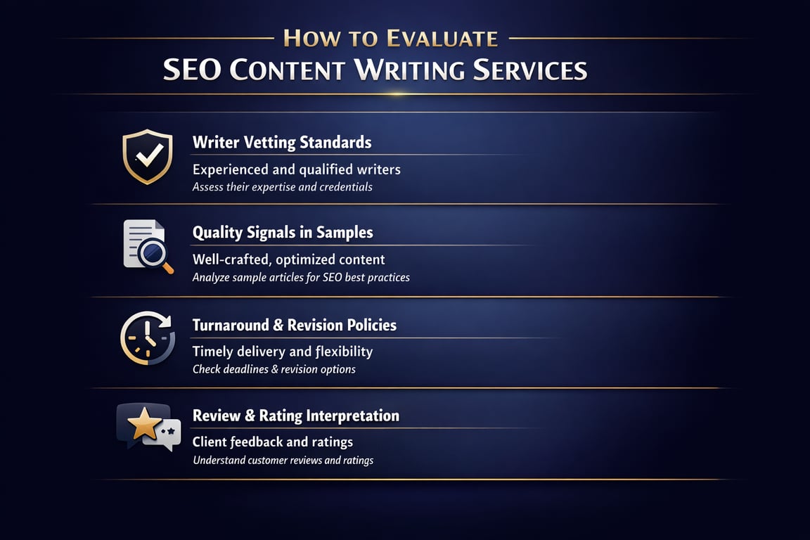 How to evaluate SEO content writing services with writer standards, quality samples, turnaround policies, and client review interpretation.