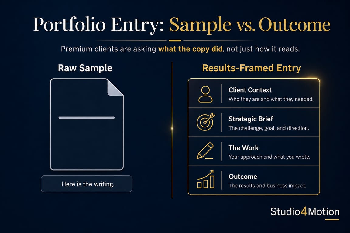 Infographic: Portfolio entry sample vs outcome — website for copywriters