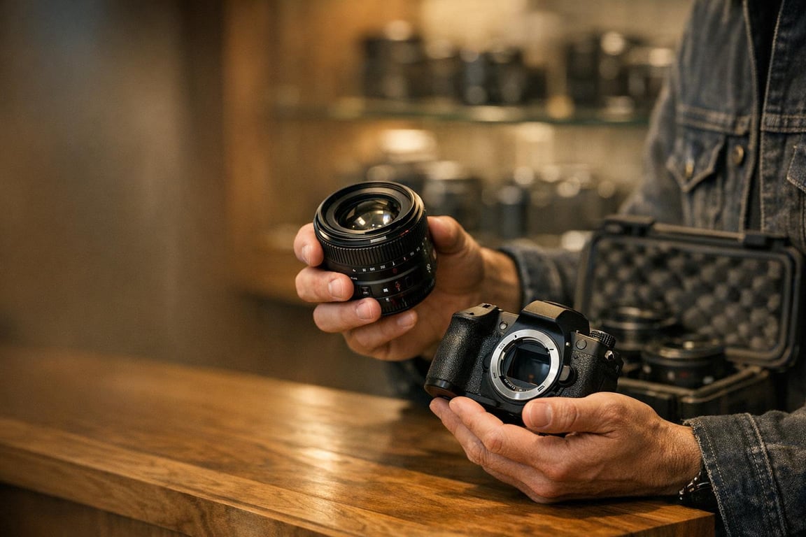 A person holds a camera body and a lens, surrounded by camera accessories in a photography shop.