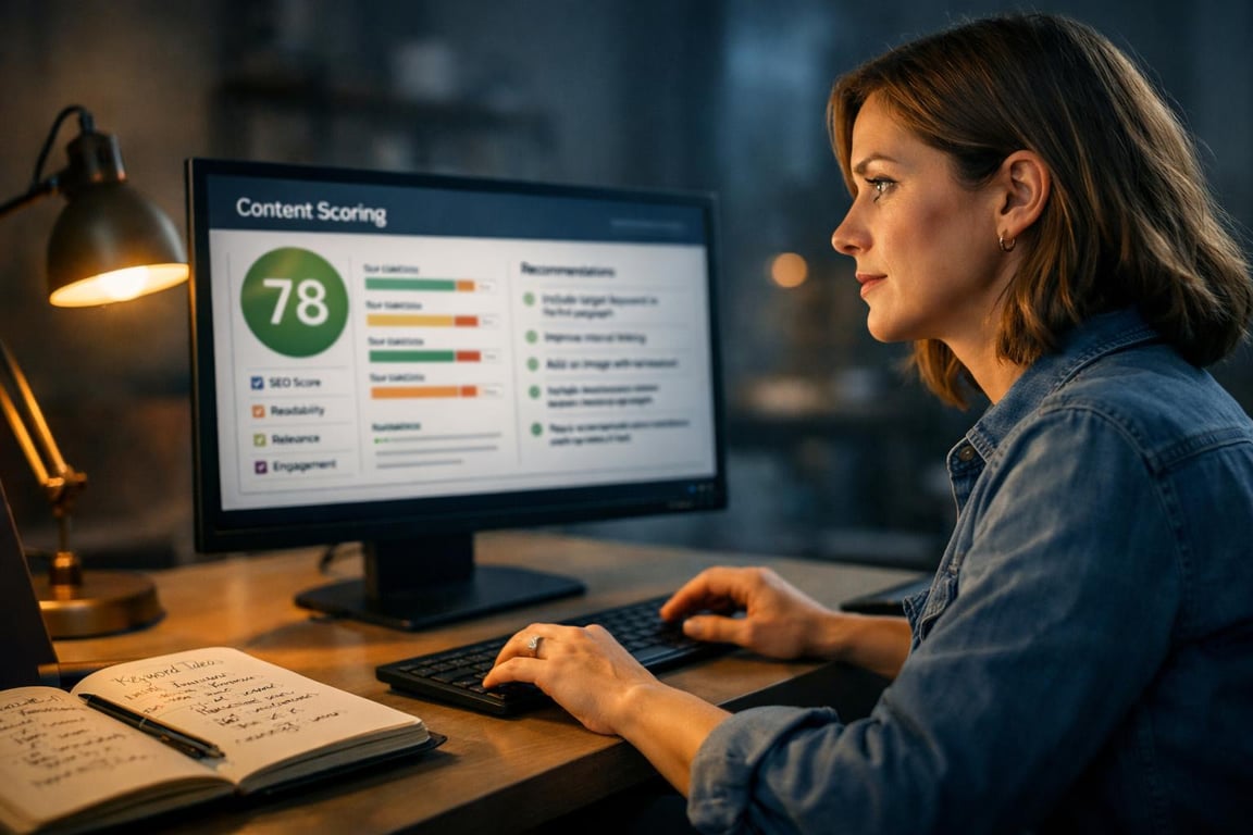 Woman analyzing SEO content scoring and recommendations on computer screen with notebook and lamp on desk.