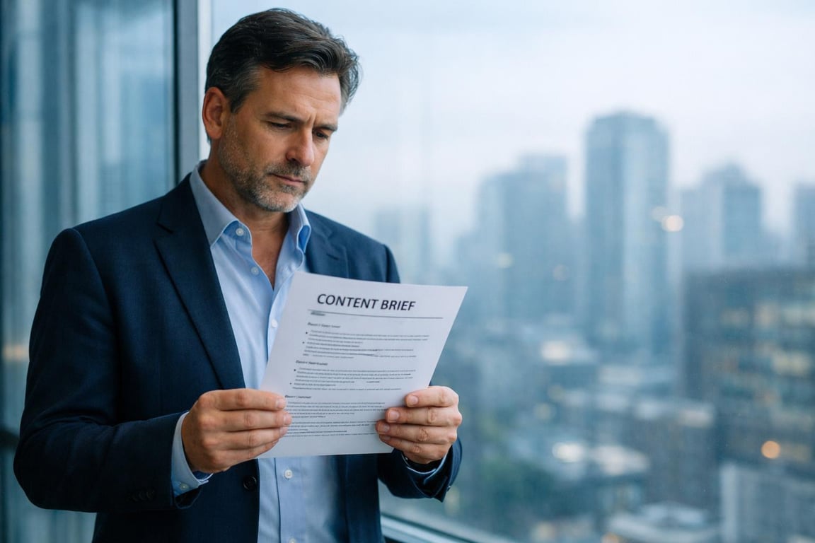 Man in business suit reading a content brief document near a window with city skyline in the background.
