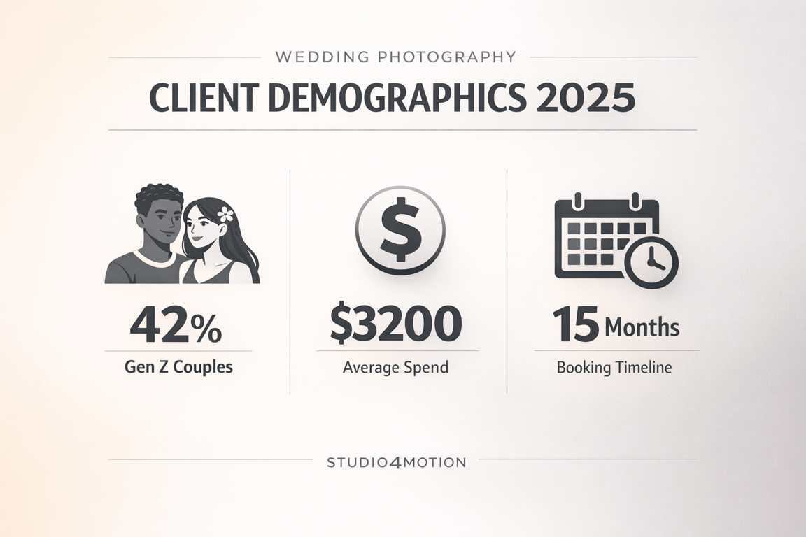 Gen Z couples make up 42% of wedding clients in 2025, average spend $3200, booking timeline 15 months.