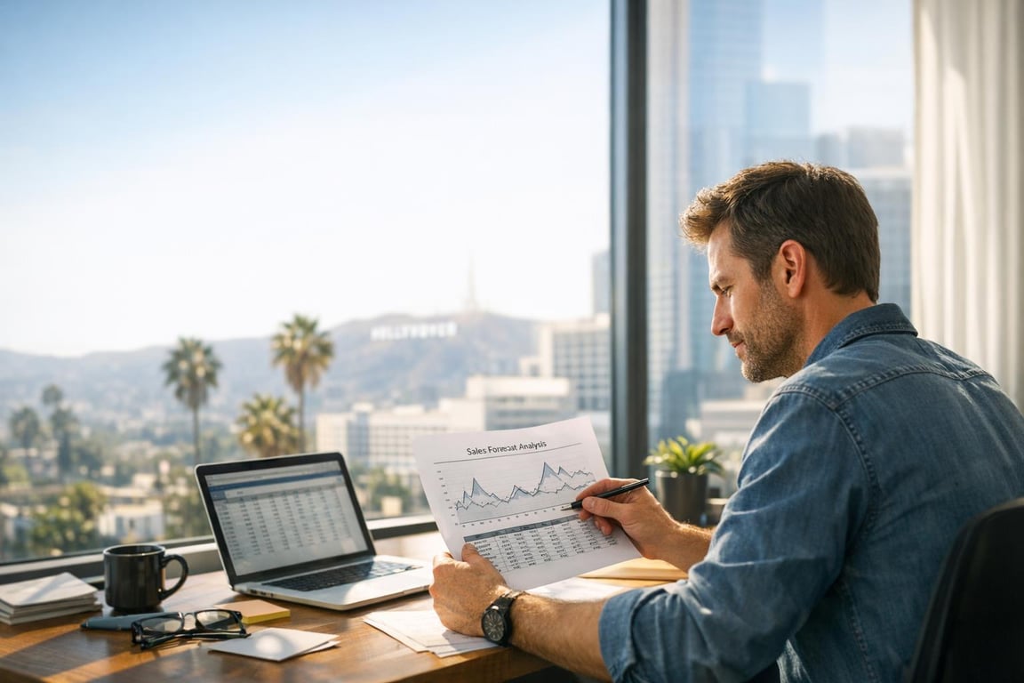 Man analyzing sales forecast report with laptop and city skyline including Hollywood sign in background.
