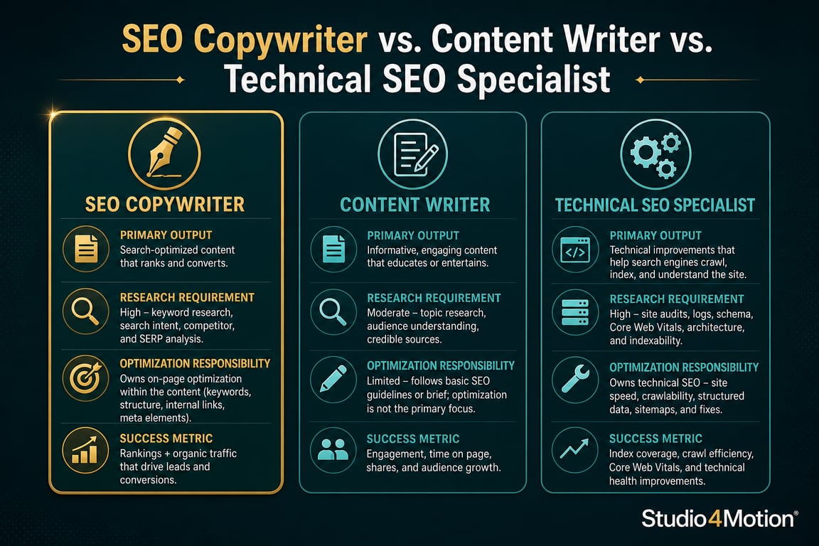 Three-column infographic comparing SEO copywriter, content writer, and technical SEO specialist roles across output and responsibilities