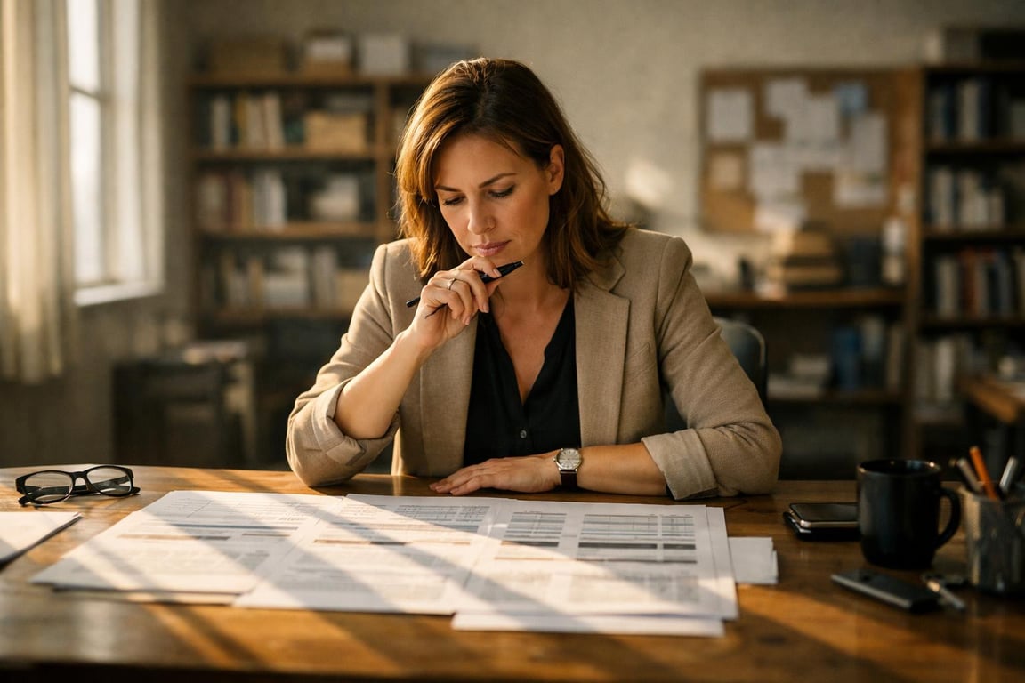 Woman in blazer reviewing financial documents at desk with glasses, coffee mug, and office background.