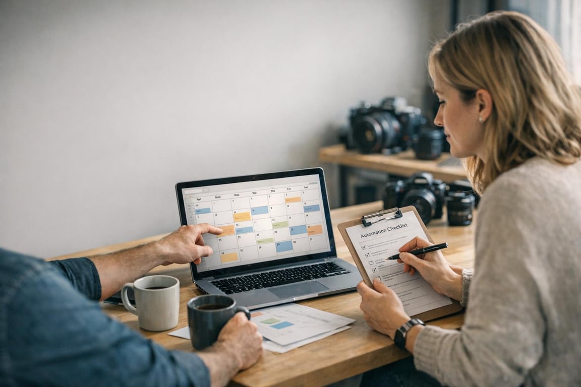 Two people planning a schedule using a laptop calendar and an automation checklist on a clipboard at a wooden table.