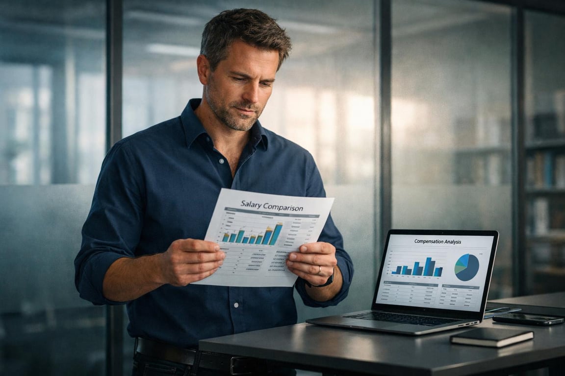 Man reviewing salary comparison report with compensation analysis charts displayed on laptop in modern office.