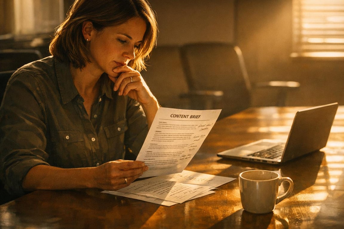 Woman reviewing a content brief at a table with a laptop and coffee mug in warm natural light.