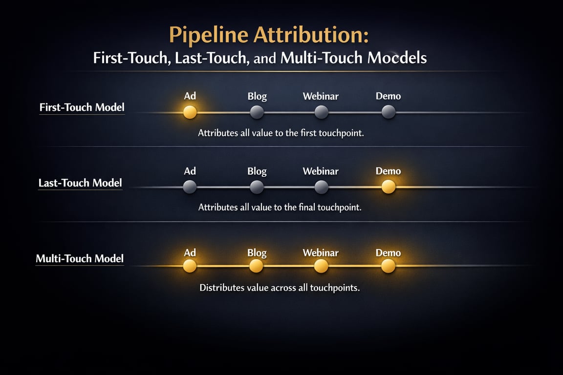 Comparison of first-touch, last-touch, and multi-touch attribution models showing value assignment to marketing touchpoints.