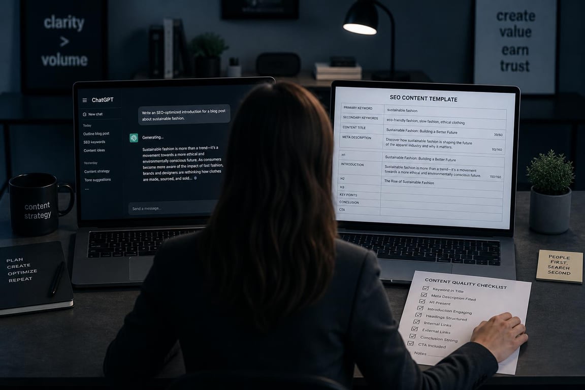 Content manager comparing a ChatGPT interface and a structured SEO content template on two laptops side by side