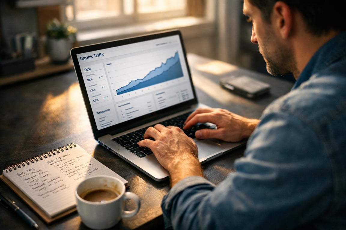 Man analyzing organic traffic growth graph on laptop with coffee cup and SEO tips notebook on desk.