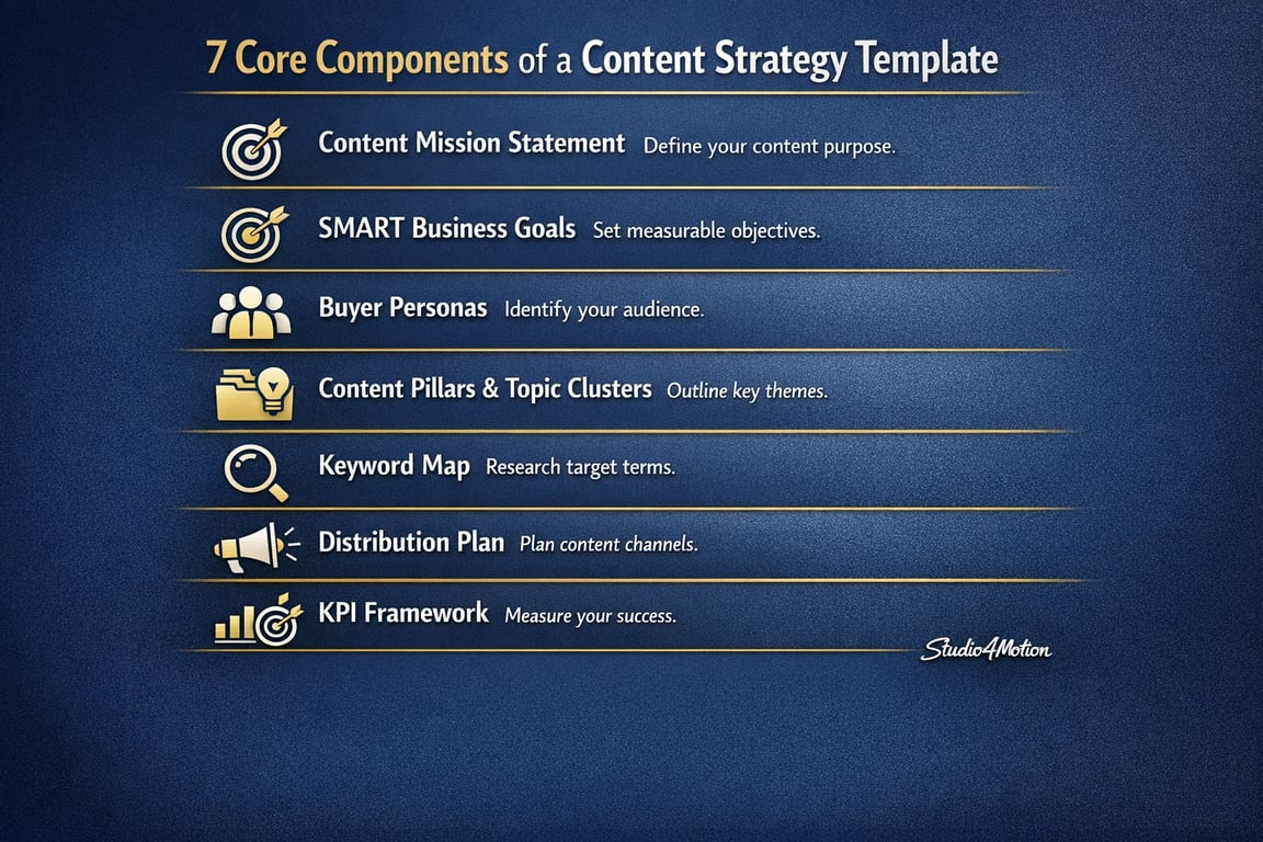 7 core components of content strategy template including mission, goals, buyer personas, pillars, keyword map, plan, and KPI framework.
