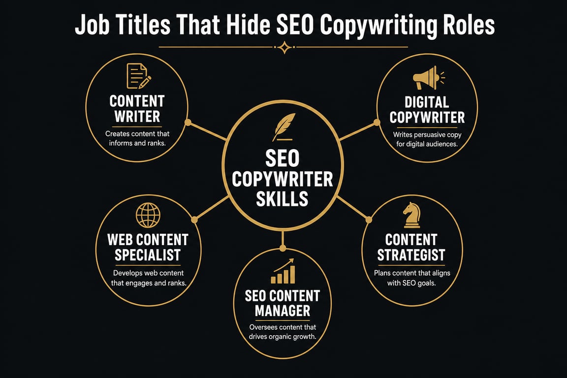 Infographic showing five alternate job titles that commonly describe SEO copywriter roles across job listings