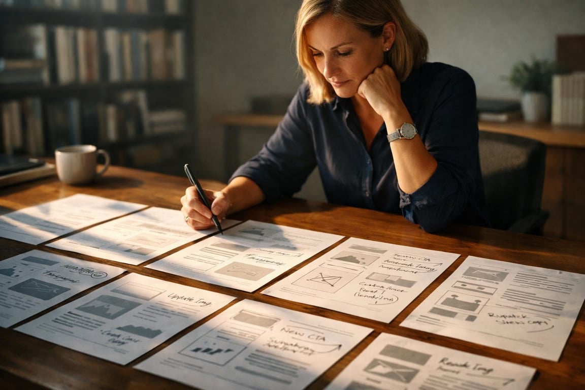 Woman reviewing and annotating website wireframes and design layouts on paper at a wooden desk.