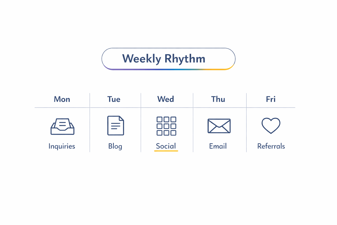 Weekly work schedule showing tasks: inquiries on Monday, blog on Tuesday, social on Wednesday, email on Thursday, referrals on Friday.