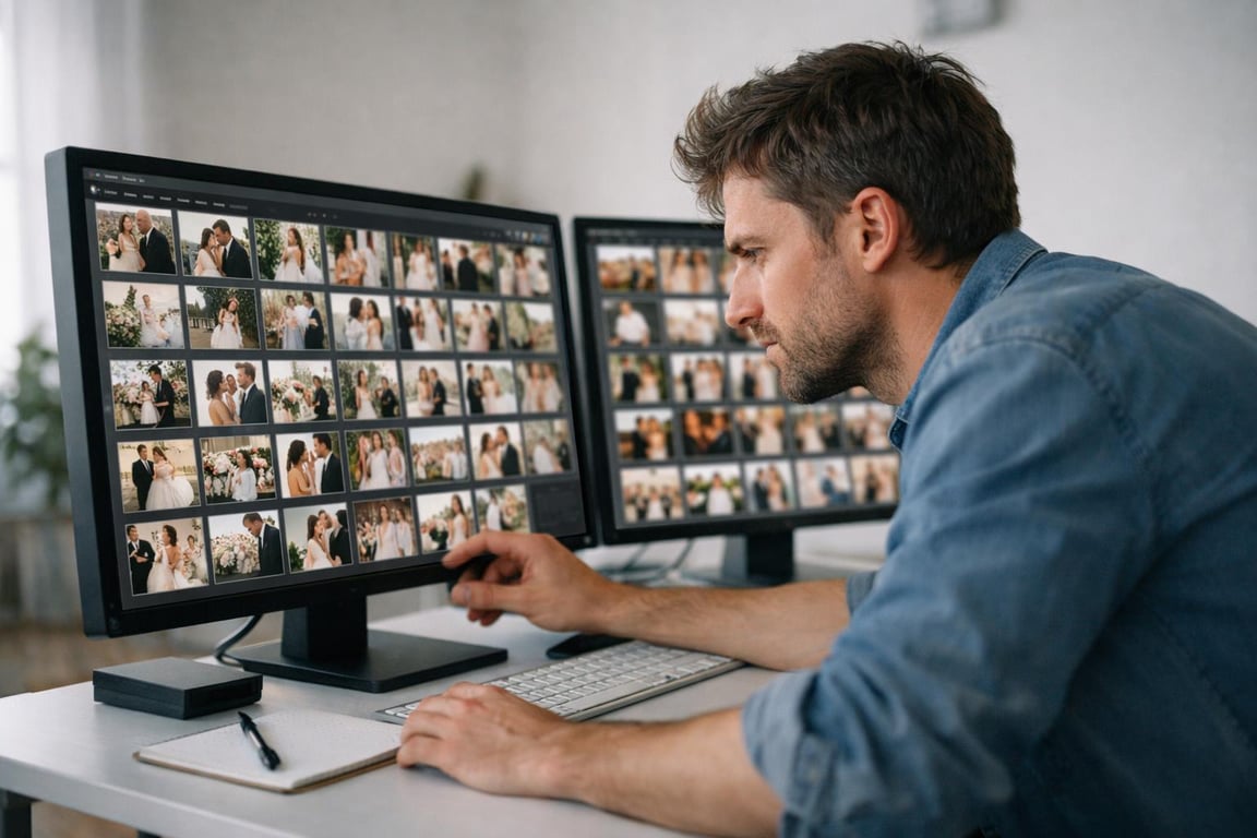 Man editing and selecting wedding photos on dual computer monitors in a bright workspace.